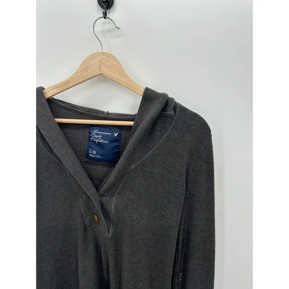 Y2K American Eagle Gray Thermal Pullover Sweater Hooded Shawl Neck Women Large - Picture 6 of 9
